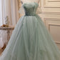 Green Tulle Long A-Line Prom Dress, Off Shoulder Evening Party Dress