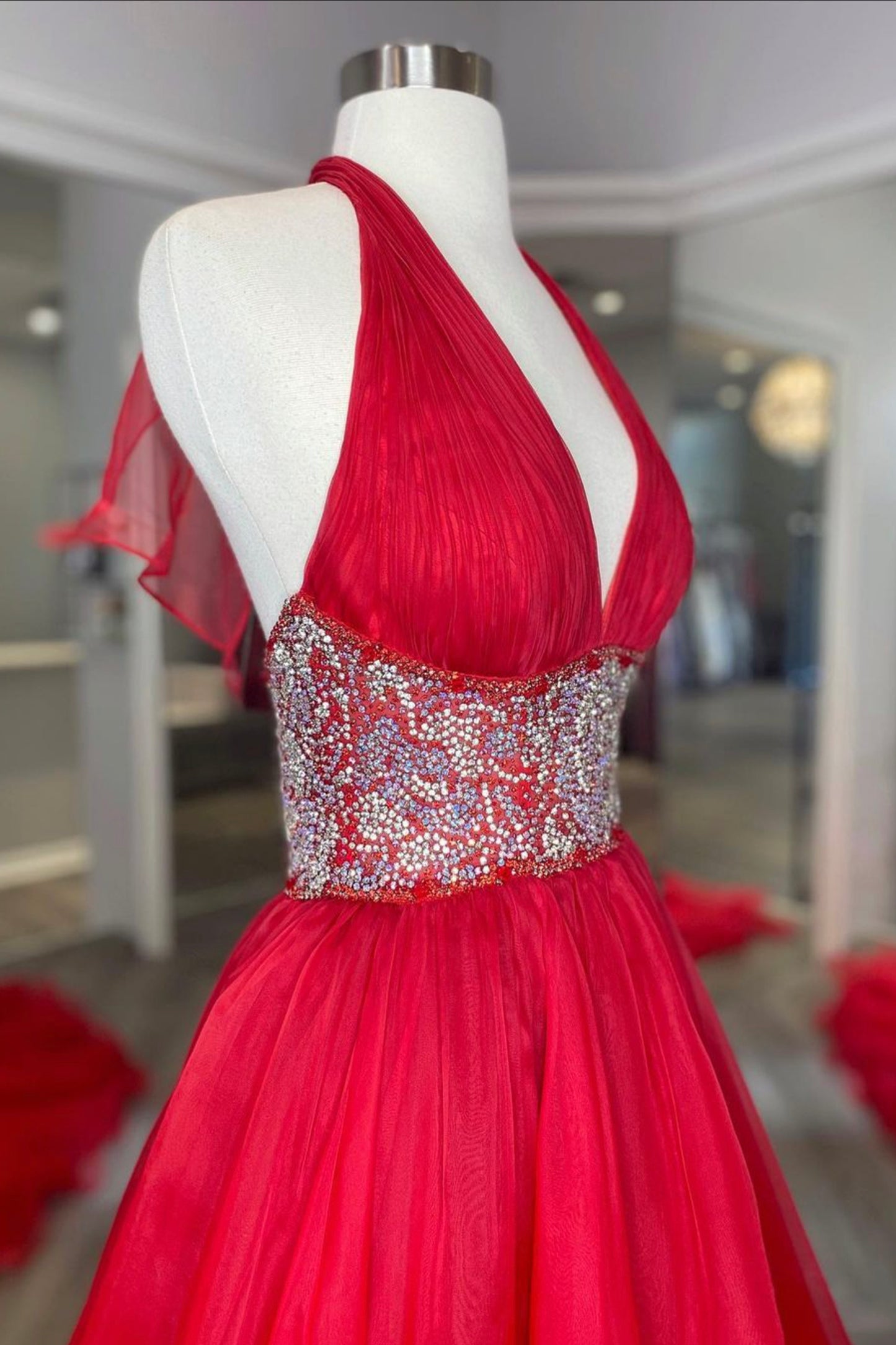 Red Organza Beaded Long A-Line Prom Dress, Red Evening Dress