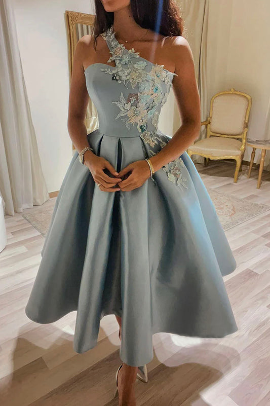Cute Satin Short Prom Dress, One Shoulder Lace A-Line Party Dress