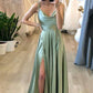 Simple satin long A-line prom dress green evening dress
