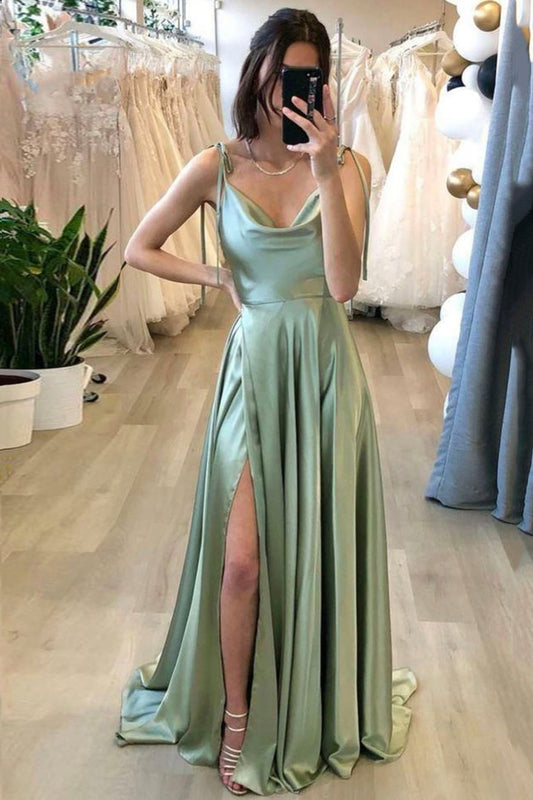 Simple satin long A-line prom dress green evening dress