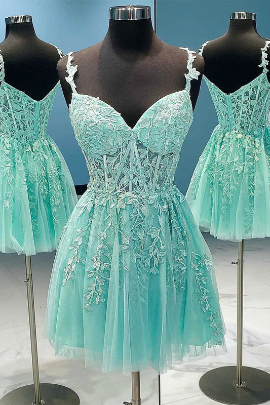 Green Spaghetti Strap Tulle Lace Short Prom Dress