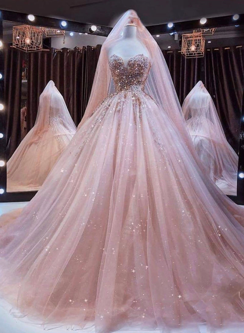 Pink sweetheart neck tulle long prom gown