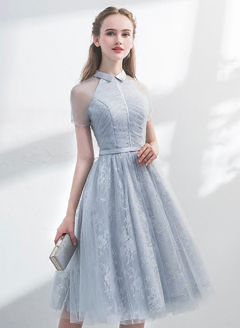 Gray Tulle Lace Short Prom Dress, Cute A-Line Homecoming Dress