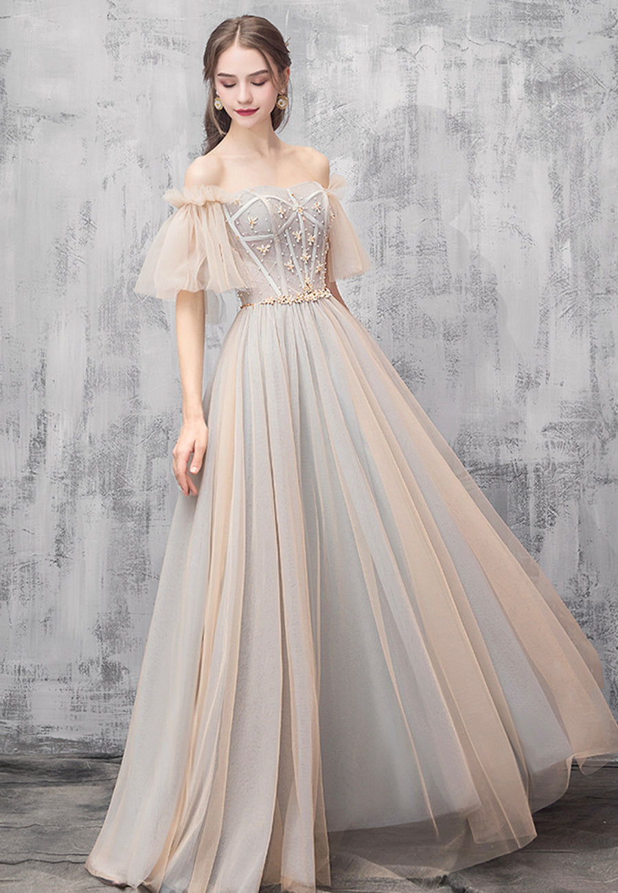 Cute Tulle Beaded Long Prom Dress, Off the Shoulder Evening Dress