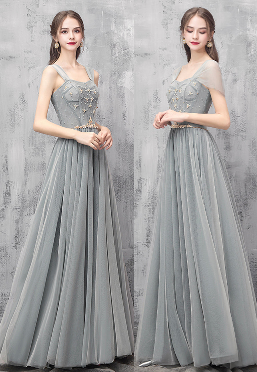 Gray Tulle Beaded Long Prom Dress, Off the Shoulder Evening Dress