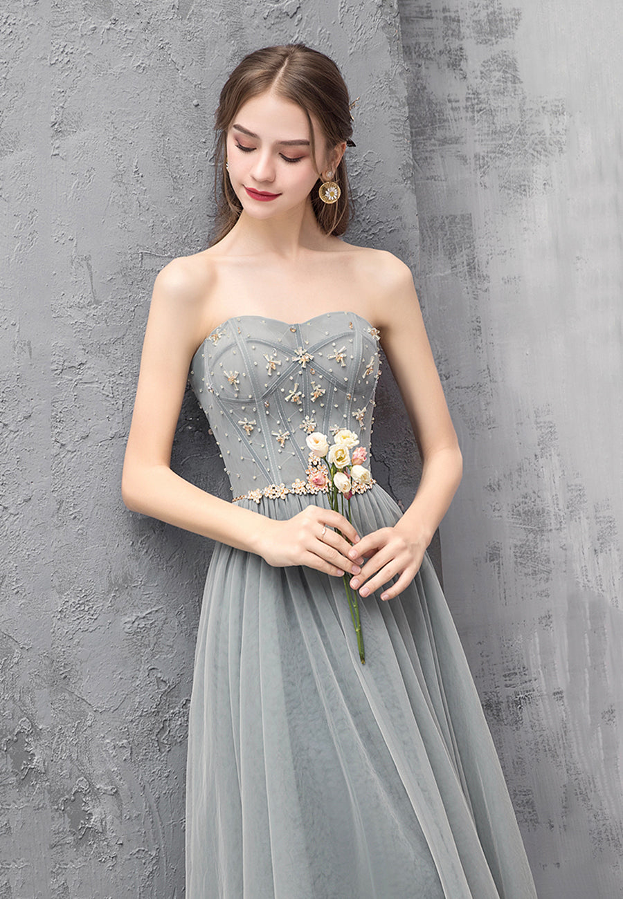 Gray Tulle Beaded Long Prom Dress, A-Line Sweetheart Evening Dress