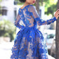 Royal Blue Lace Long Sleeve Prom Dress, Blue Short Evening Party Dress