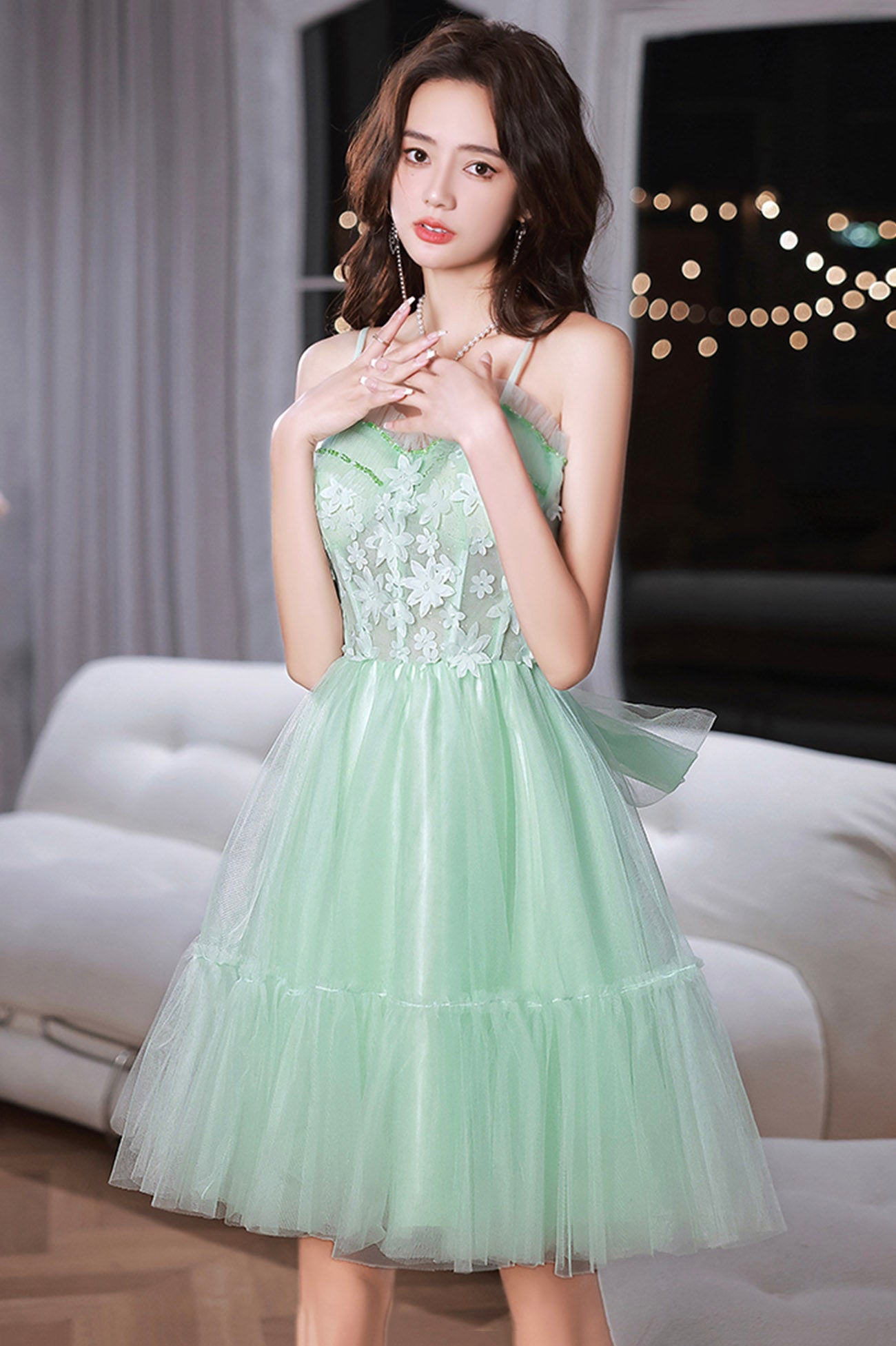 Green Tulle Flowers Short Party Dress, Green Spaghetti Strap Sweetheart Neck Evening Dress