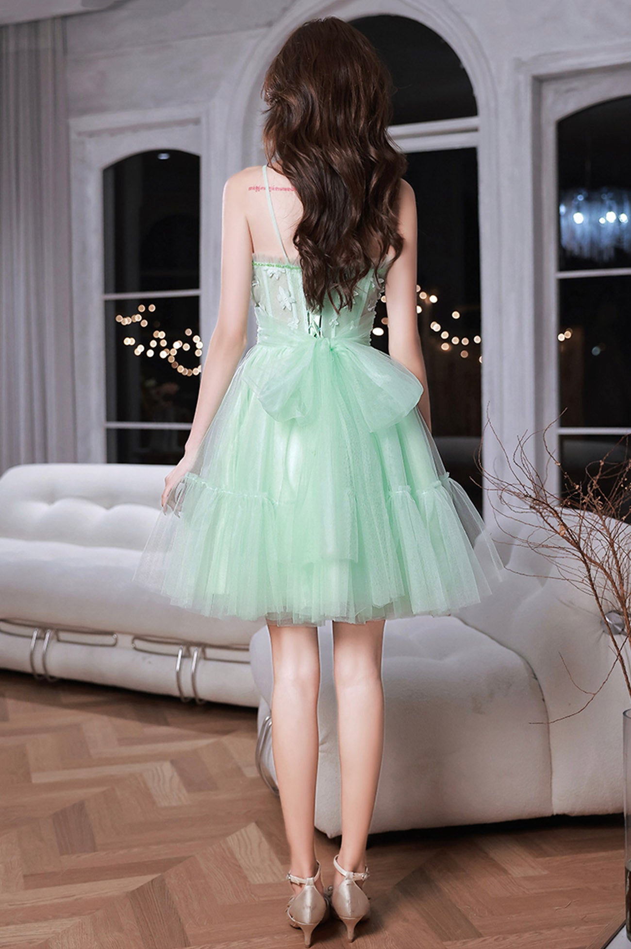 Green Tulle Flowers Short Party Dress, Green Spaghetti Strap Sweetheart Neck Evening Dress