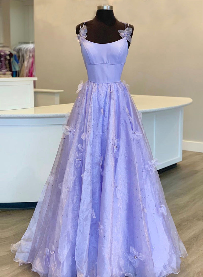 Purple Tulle Long A-Line Prom Dress, Beautiful Spaghetti Strap Evening Party Dress