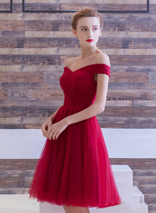 Dark Red Tulle Short Prom Dress, A-Line Off the Shoulder Evening Party Dress
