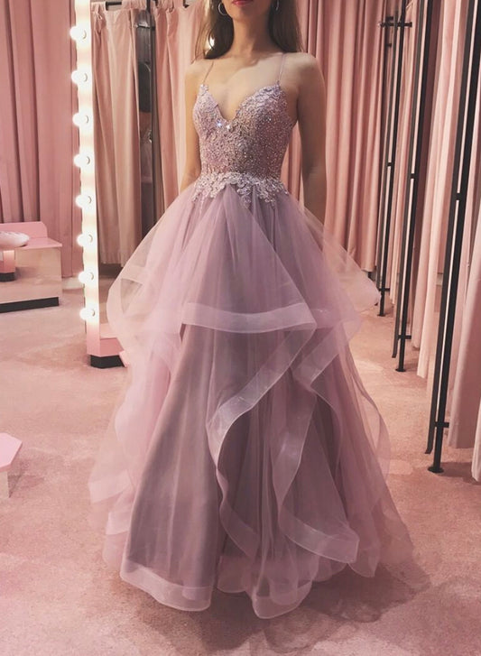 Pink V-Neck Tulle Lace Long Prom Dress, A-Line Spaghetti Strap Evening Dress