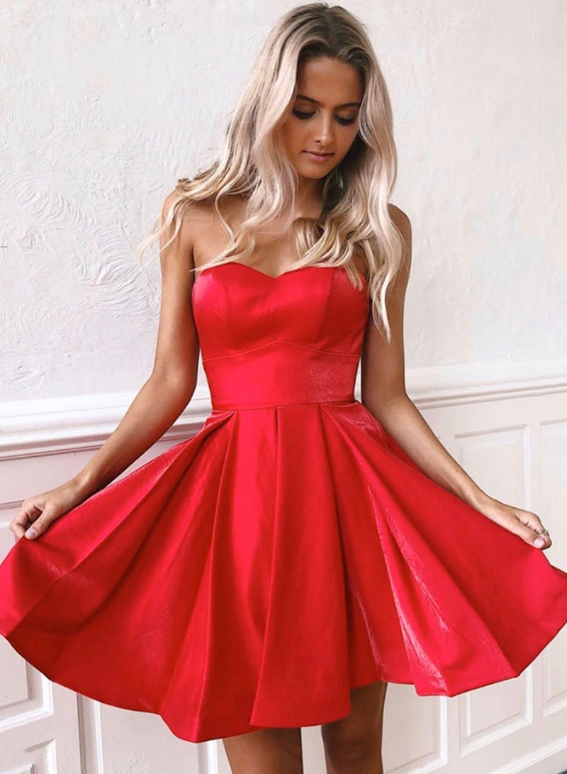 Red Satin Strapless Short Prom Dress, A-Line Mini Party Dress