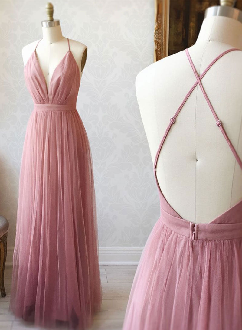 Pink V-Neck Tulle Long Prom Dress, Simple A-Line Backless Evening Party Dress