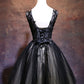 Black V-Neck Tulle Lace Short Prom Dress, Black A-Line Backless Homecoming Party Dress