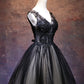 Black V-Neck Tulle Lace Short Prom Dress, Black A-Line Backless Homecoming Party Dress