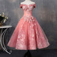 Pink tulle applique short prom dress, pink evening dress