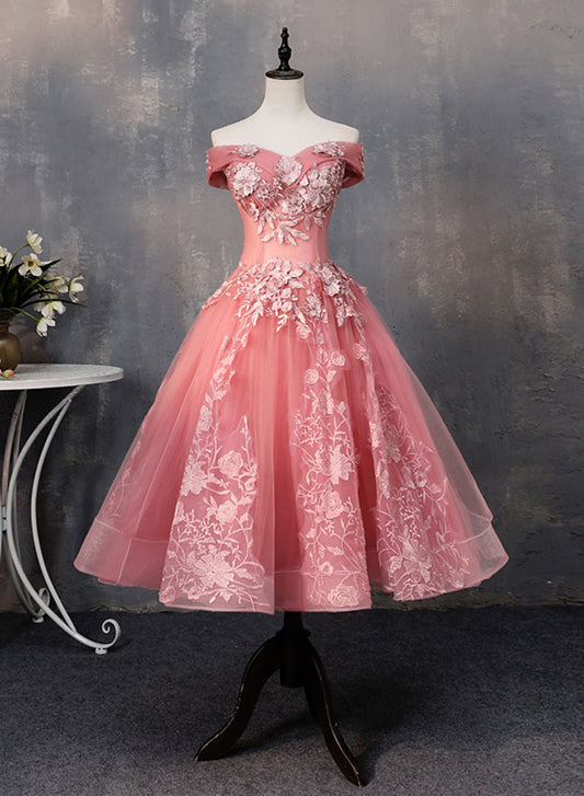 Pink Tulle Lace Short Prom Dress, Off the Shoulder Evening Party Dress