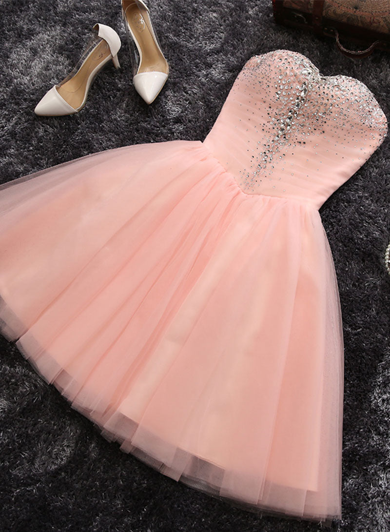 Pink Sweetheart Neck Tulle Short Prom Dress, A-Line Strapless Party Dress