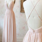 Simple pink v neck chiffon long prom dress, evening dress
