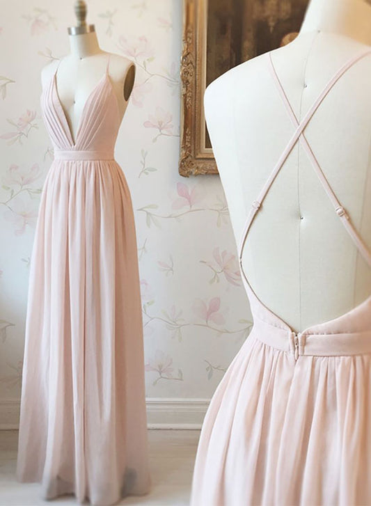 Simple Spaghetti Strap V-Neck Prom Dress, Light Pink Evening Party Dress