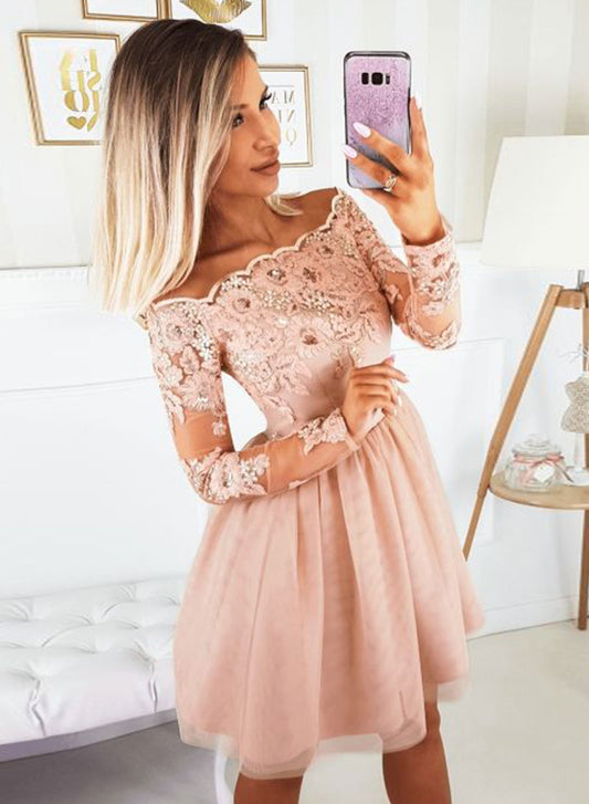 Pink Tulle Lace Knee Length Prom Dress, Long Sleeve Evening Party Dress