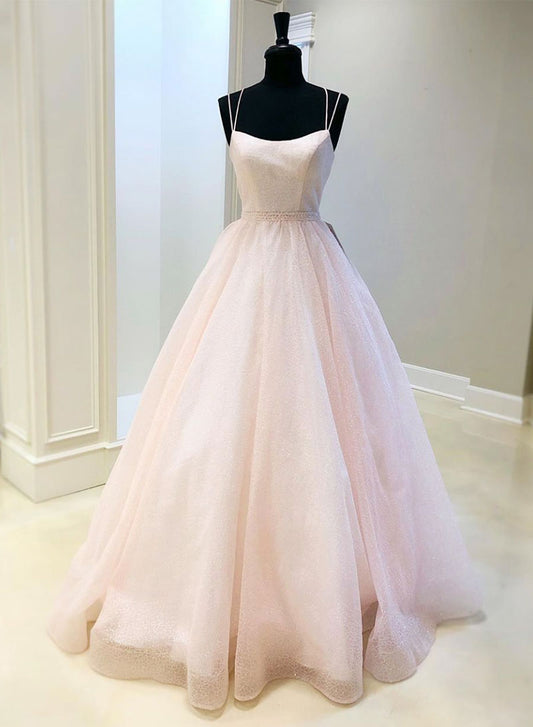 Pink Tulle Sequins Floor Length Prom Dress, Pink Backless Evening Dress