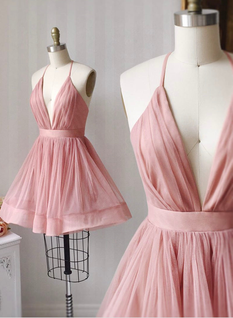 Pink Spaghetti Strap V-Neck Tulle Short Prom Dress