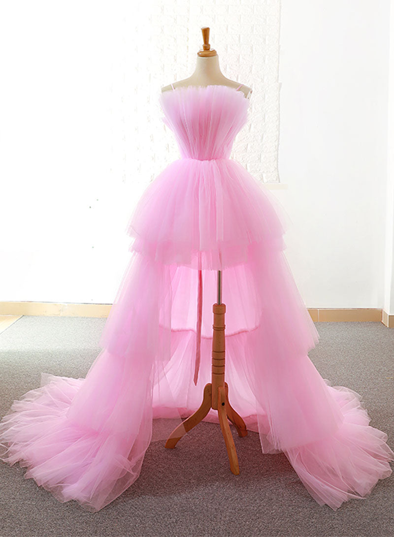Pink Strapless Tulle High Low Prom Dress, Beautiful A-Line Evening Party Dress