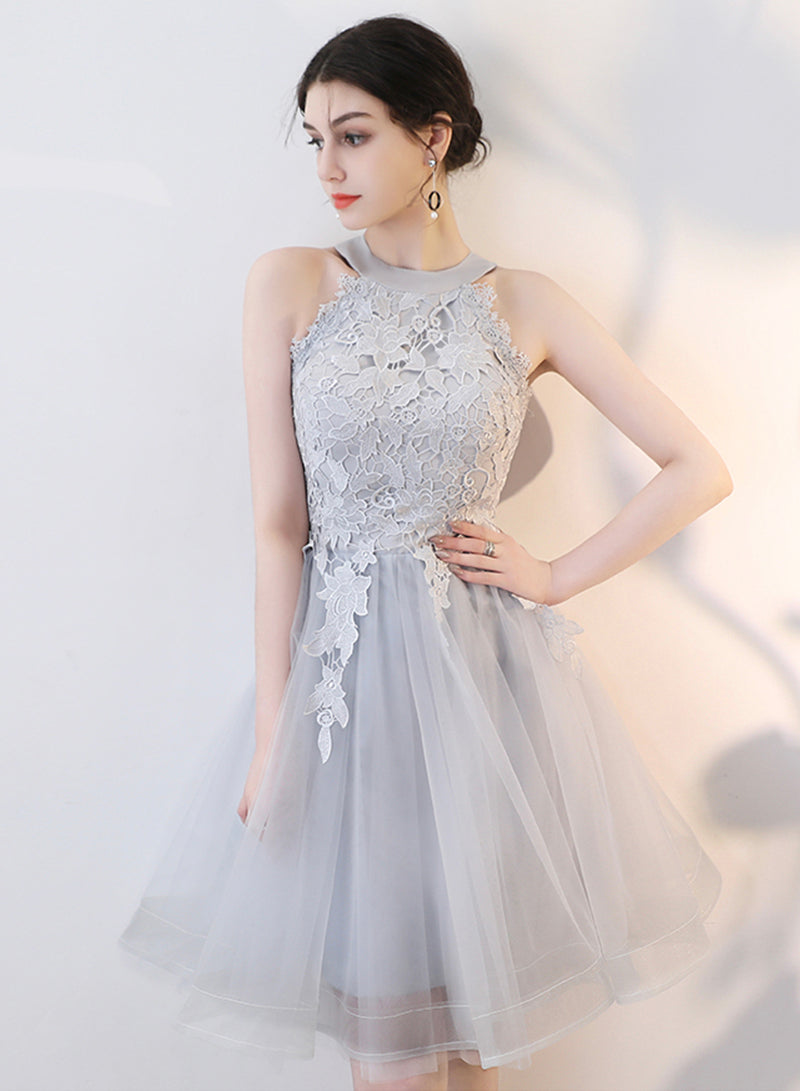 Gray Tulle Lace Short Prom Dress, Cute A-Line Party Dress