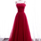 Simple Tulle Long Prom Dress, Red Spaghetti Strap Evening Party Dress