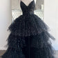Black V-Neck Tulle Long Prom Dress, A-Line Backless High Low Evening Dress