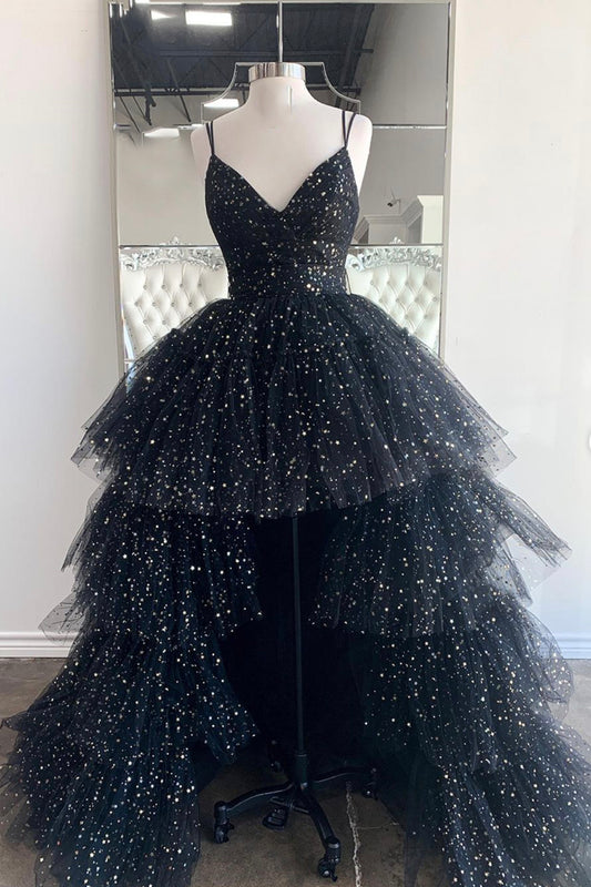 Black V-Neck Tulle Long Prom Dress, A-Line Backless High Low Evening Dress