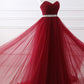 Burgundy Strapless Tulle Beaded Long Prom Dress