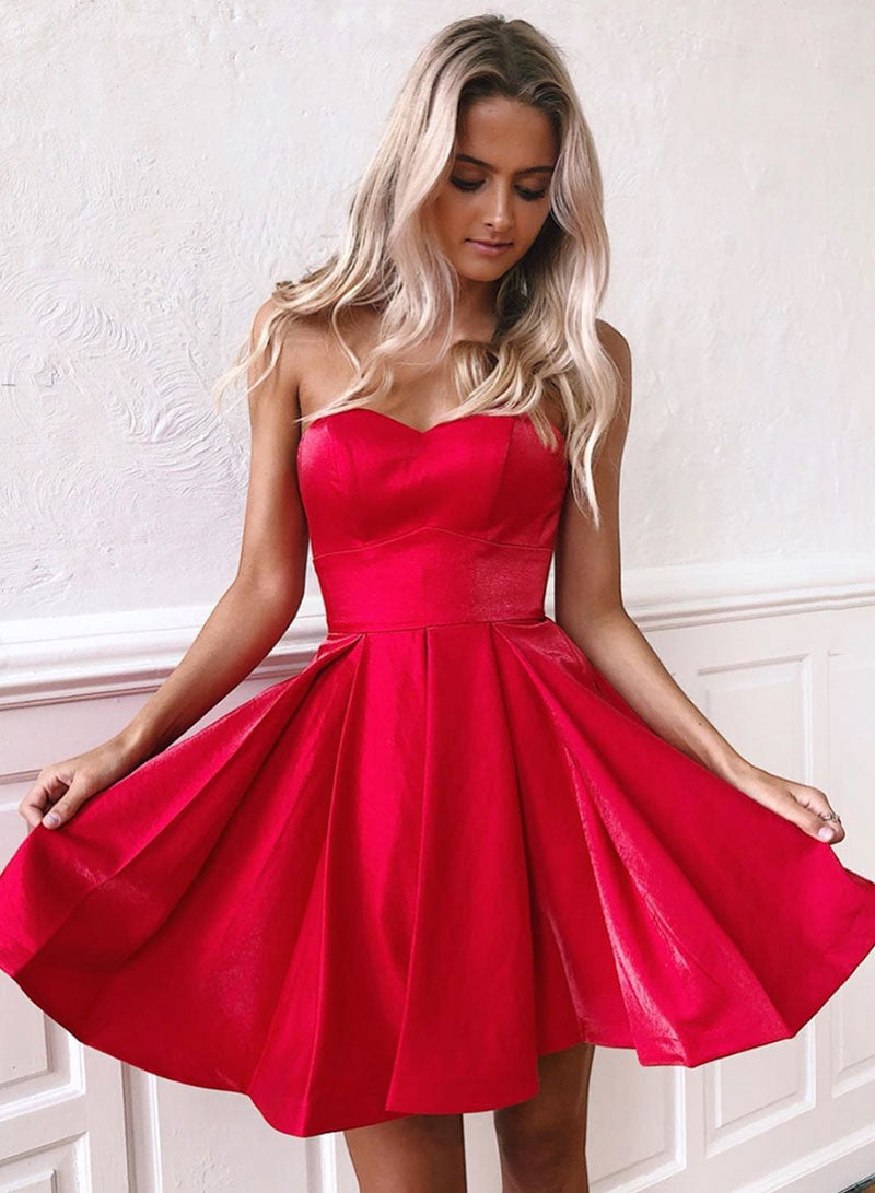 Red Strapless Satin Short Prom Dress, Red Sweetheart Neck Mini Party Dress