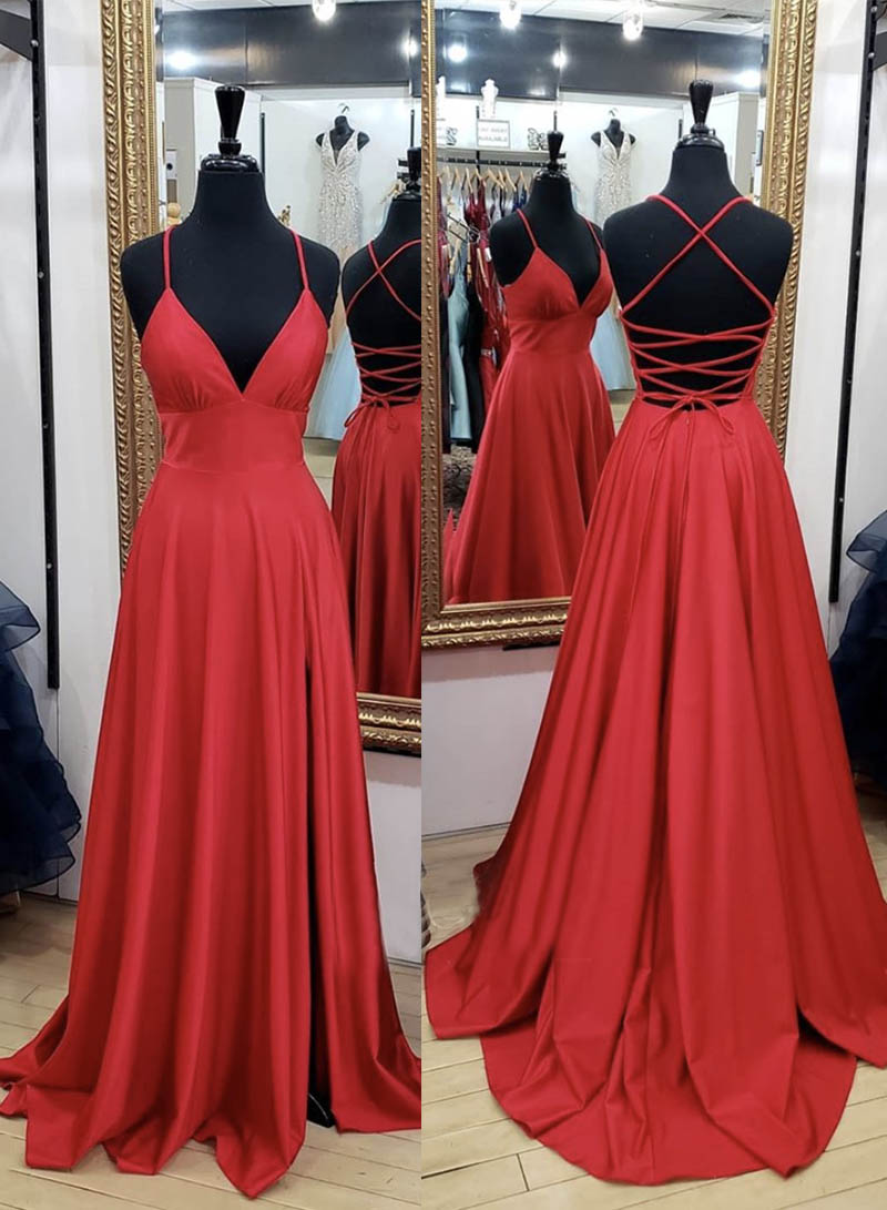 Red Spaghetti Strap V-Neck Satin Long Prom Dress, Simple Backless Evening Dress