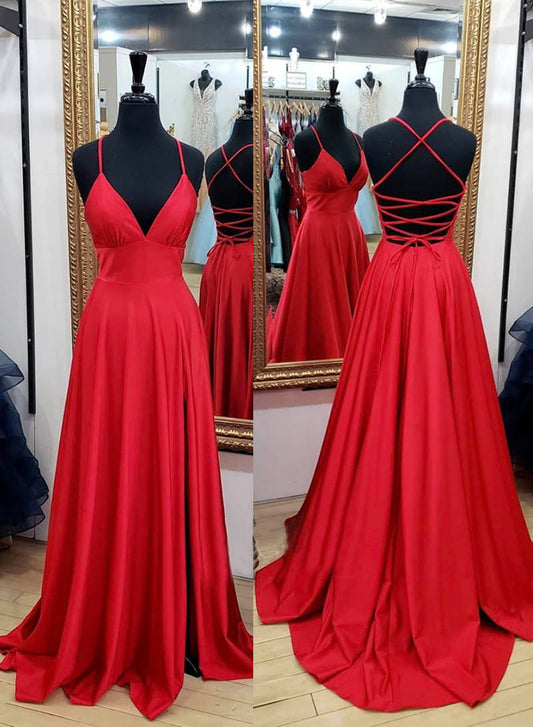 Red Spaghetti Strap V-Neck Satin Long Prom Dress, Simple Backless Evening Dress