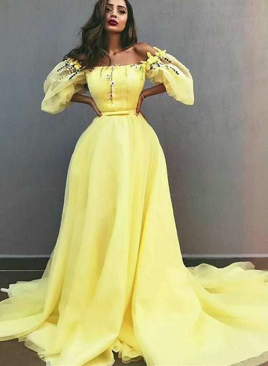 Yellow tulle long prom dress evening dress
