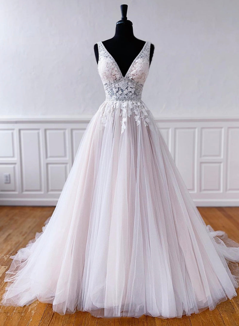 Custom Made V-Neck Tulle Lace Long Prom Dress, A-Line Evening Party Dress