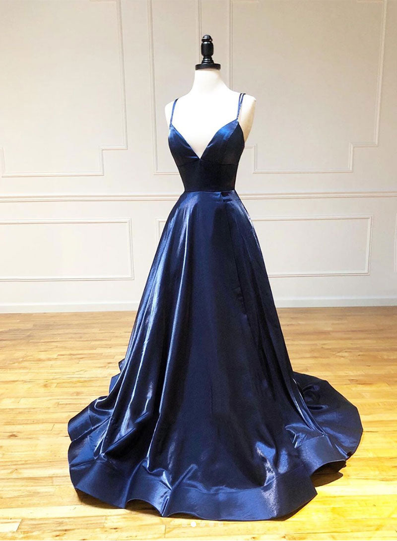Simple Blue V-Neck Satin Long Prom Dress, A-Line Backless Evening Dress