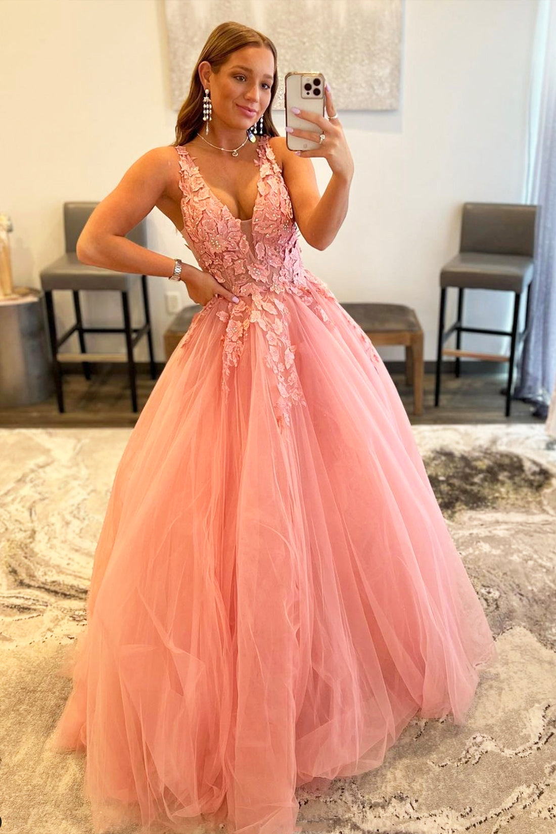 Pink V-Neck Tulle Long Prom Dress, Beautiful A-Line Formal Evening Dress