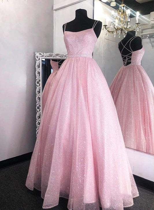 Pink Spaghetti Strap Tulle Long Prom Dress, A-Line Backless Evening Party Dress