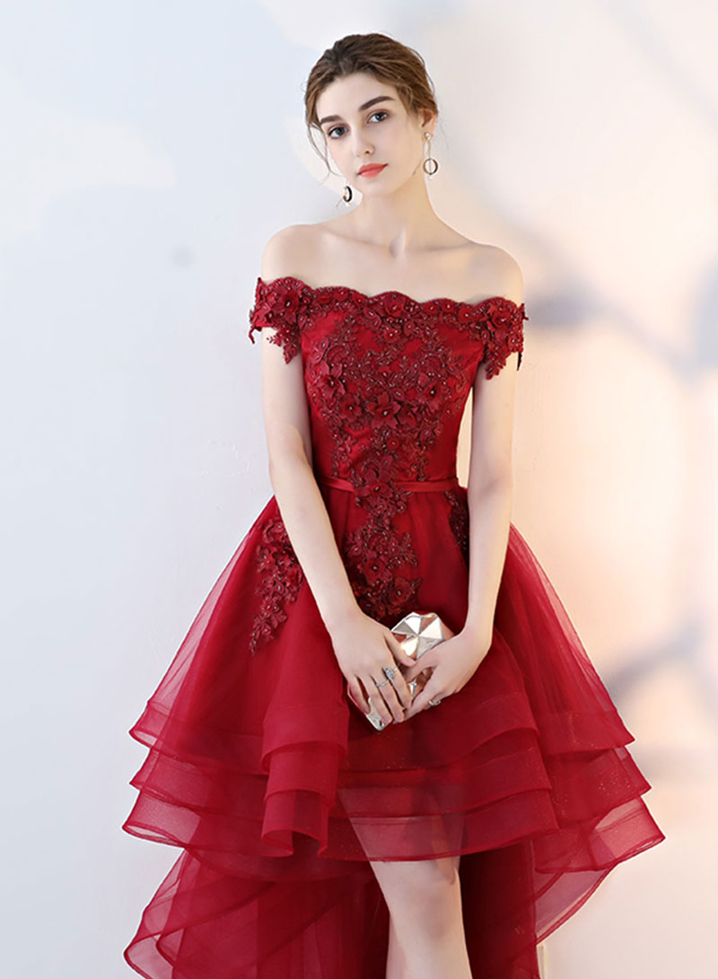 Cute Lace High Low Prom Dress, Beautiful Off the Shoulder Evening Party Dress