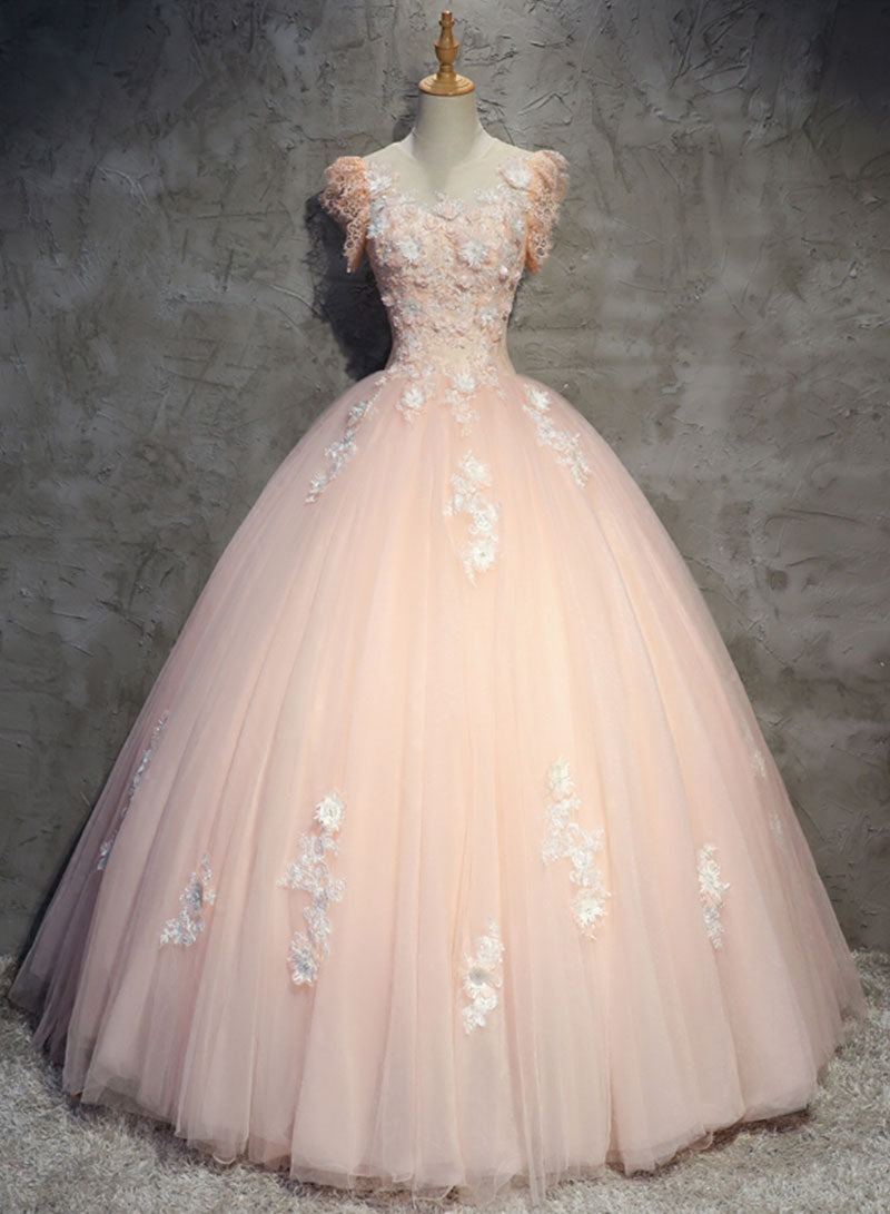 Beautiful Pink Tulle Lace Long Prom Dress, A-Line Sweet 16 Party Dress