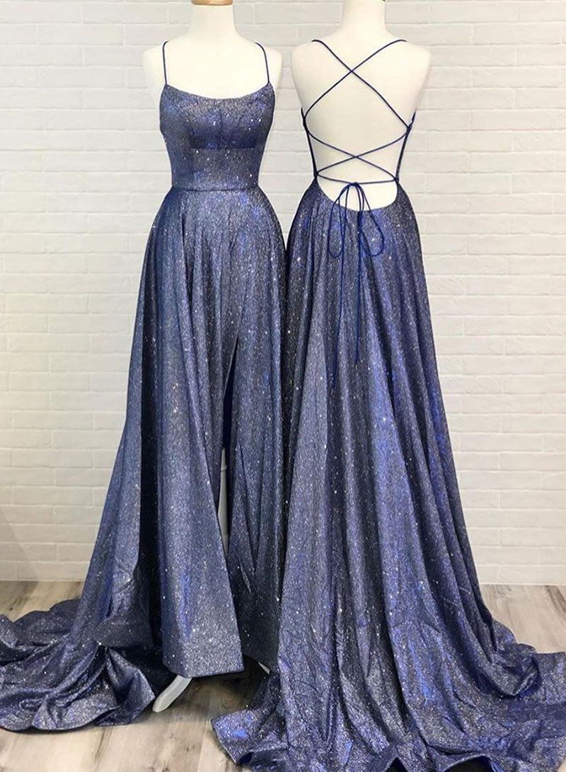 Blue A-Line Backless Floor Length Prom Dress