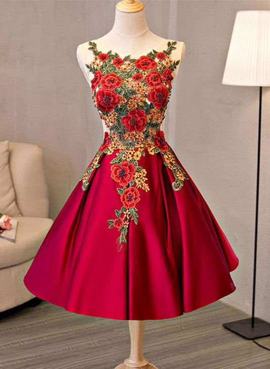 Cute Satin Lace Short Prom Dress, A-Line Scoop Neckline Evening Party Dress