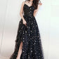 Black Spaghetti Strap Tulle Long Prom Dress with Star, Black A-Line Evening Party Dress