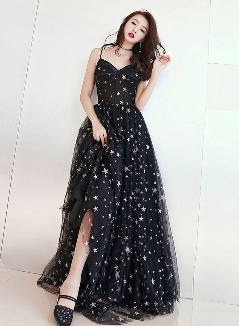 Black Spaghetti Strap Tulle Long Prom Dress with Star, Black A-Line Evening Party Dress