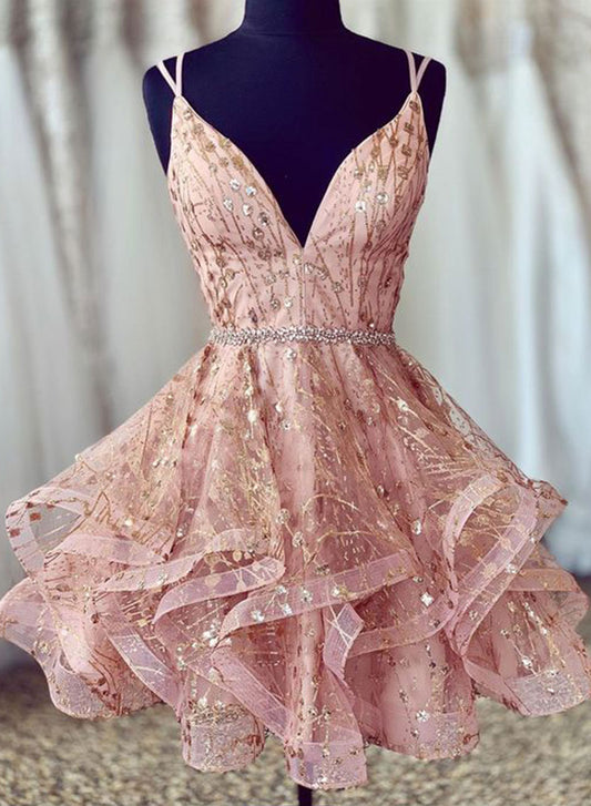 Cute V-Neck Spaghetti Strap Short Prom Dress, A-Line Pink Evening Party Dress